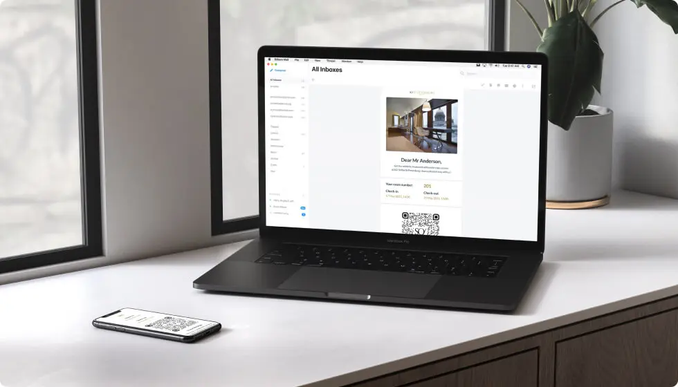 Wiadomość powitalna do gościa z unikalnym kodem QR. Po zeskanowaniu gość dostaje się do już autoryzowanej aplikacji i nie musi wpisywać swoich danych, aby złożyć zamówienie