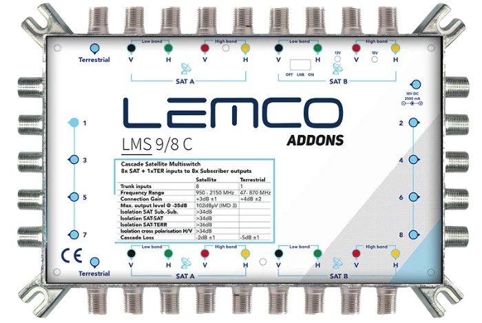 Multiswitch Lemco LMS 98 C w wersji kaskadowej (przelotowej). Złacza umieszczone na dole przeznaczone są do podłączenia kolejnych multiswitchy.