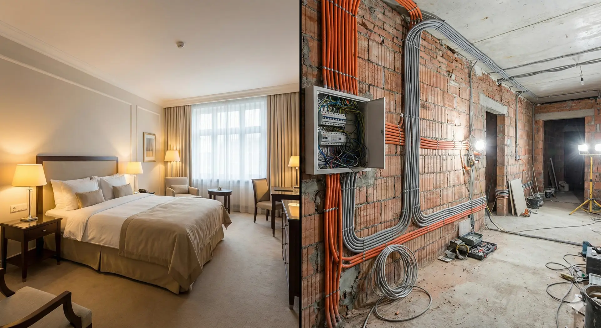 Porównanie instalacji Smart Hotel: pokój z systemem bezprzewodowym (Wireless) kontra ściana z okablowaniem w systemie przewodowym (Wired)