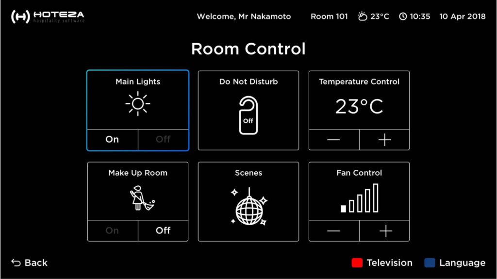 Kontroluj ustawienia pokoju telewizorem hotelowym