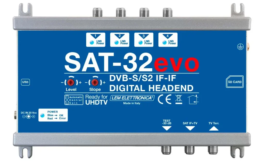 SAT-32evo programowalna cyfrowa stacja czołowa umożliwiająca mapowanie do 32 transponderów DVB-S/S2 w jedną dystrybucję SAT-IF. Dzięki wzmacniaczowi o dużej mocy typu push-pull i szerokiemu zakresowi regulatora nachylenia, SAT-32evo jest gotowy do użycia w średnich i dużych instalacjach.