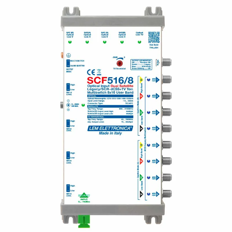Multiswitch optyczny firmy LEM Elettronica SCF516/8 umożliwia odbiór pełnego sygnału z dwóch satelitów i telewizji naziemnej za pomocą jednego światłowodu jednomodowego. Może być wykorzystany jako konwerter sygnału światłowodowego do dwóch LNB Qautro i telewizji naziemnej i być podstawą do budowy daleszej sieci antenowej kablem koncentrycznym. Może być również używany jako multiswitch końcowy dla 8 odbiorników w trybie Legacy lub 16 odbiorników w standardzie jednokablowym.