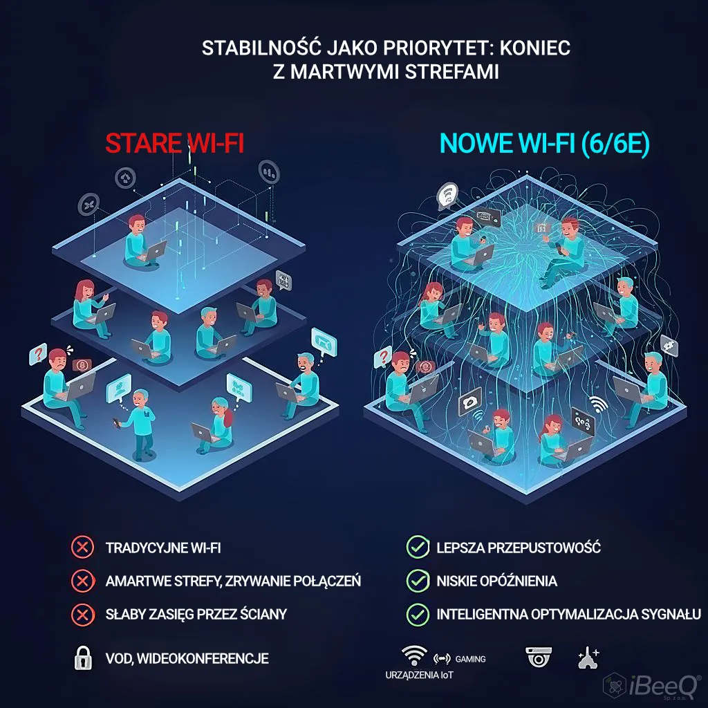 Eliminacja martwych stref w sieci bezprzewodowej dzięki Wi-Fi 6/6E — doskonały zasięg i bezprzerwowy roaming w wielopiętrowym budynku