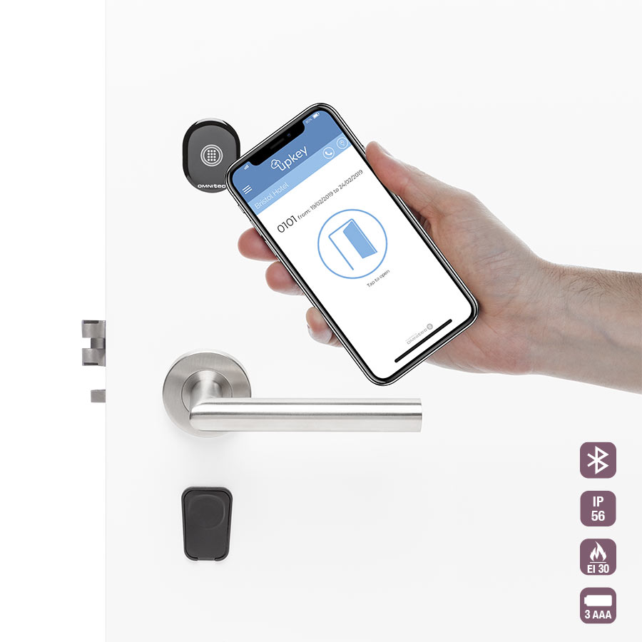 Zamek hotelowy Omnitec EVO — minimalistyczny terminal z ukrytą elektroniką, dowolna klamka i wykończenie PVD