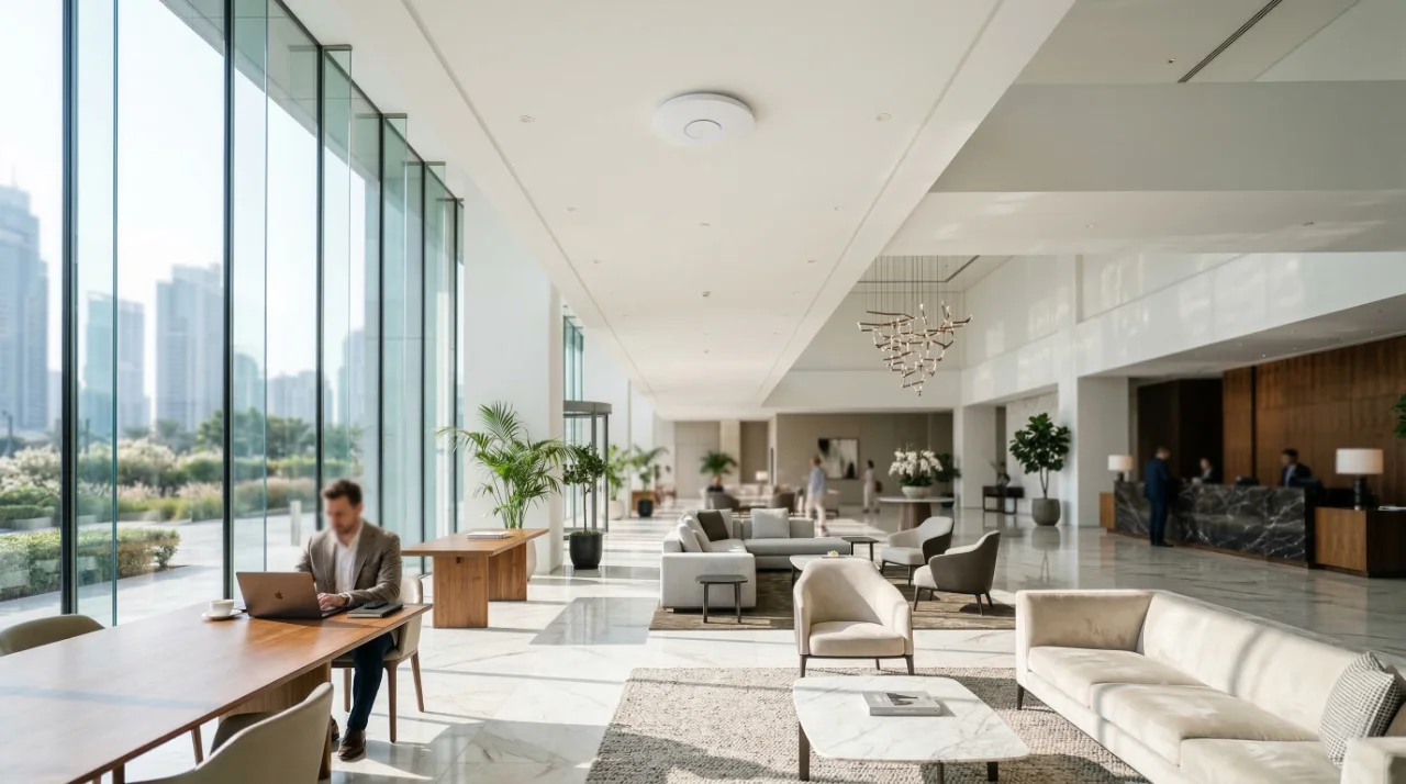 Access point WiFi zainstalowany w korytarzu hotelowym — profesjonalna sieć Enterprise przez iBeeQ