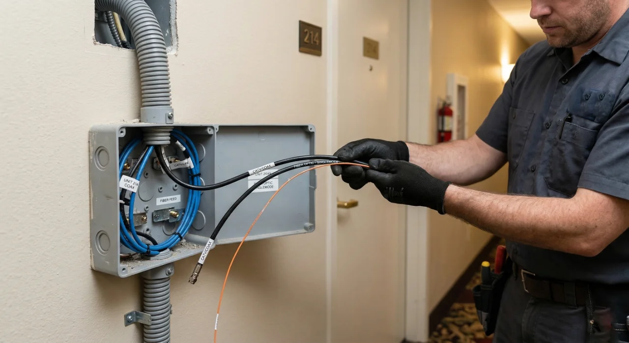 Instalacja kabla koncentrycznego i światłowodu w hotelu — modernizacja infrastruktury sieciowej, iBeeQ