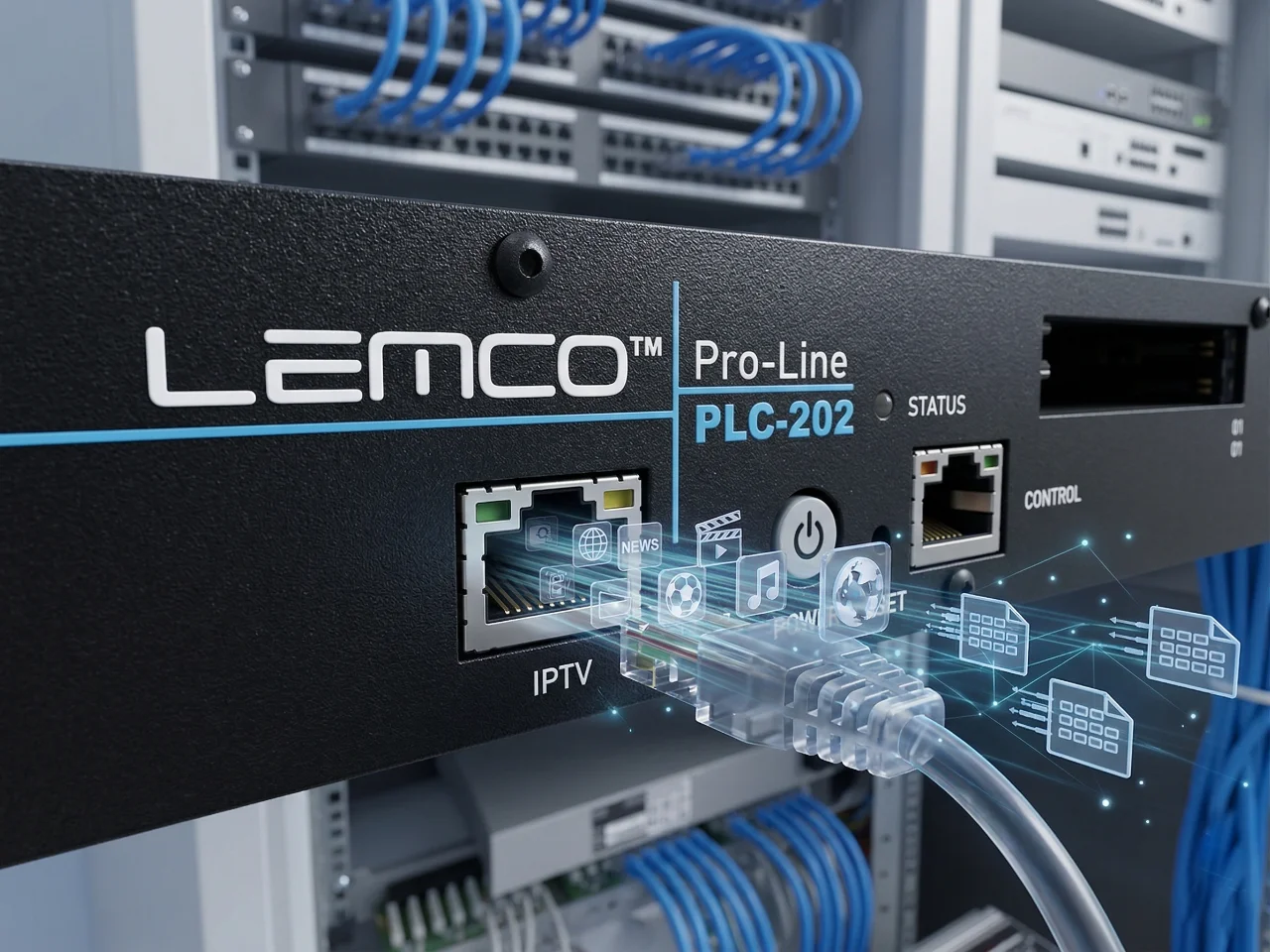 Stacja czołowa Lemco Pro-Line PLC-202 — profesjonalny headend IPTV w szafie rack dla hotelu