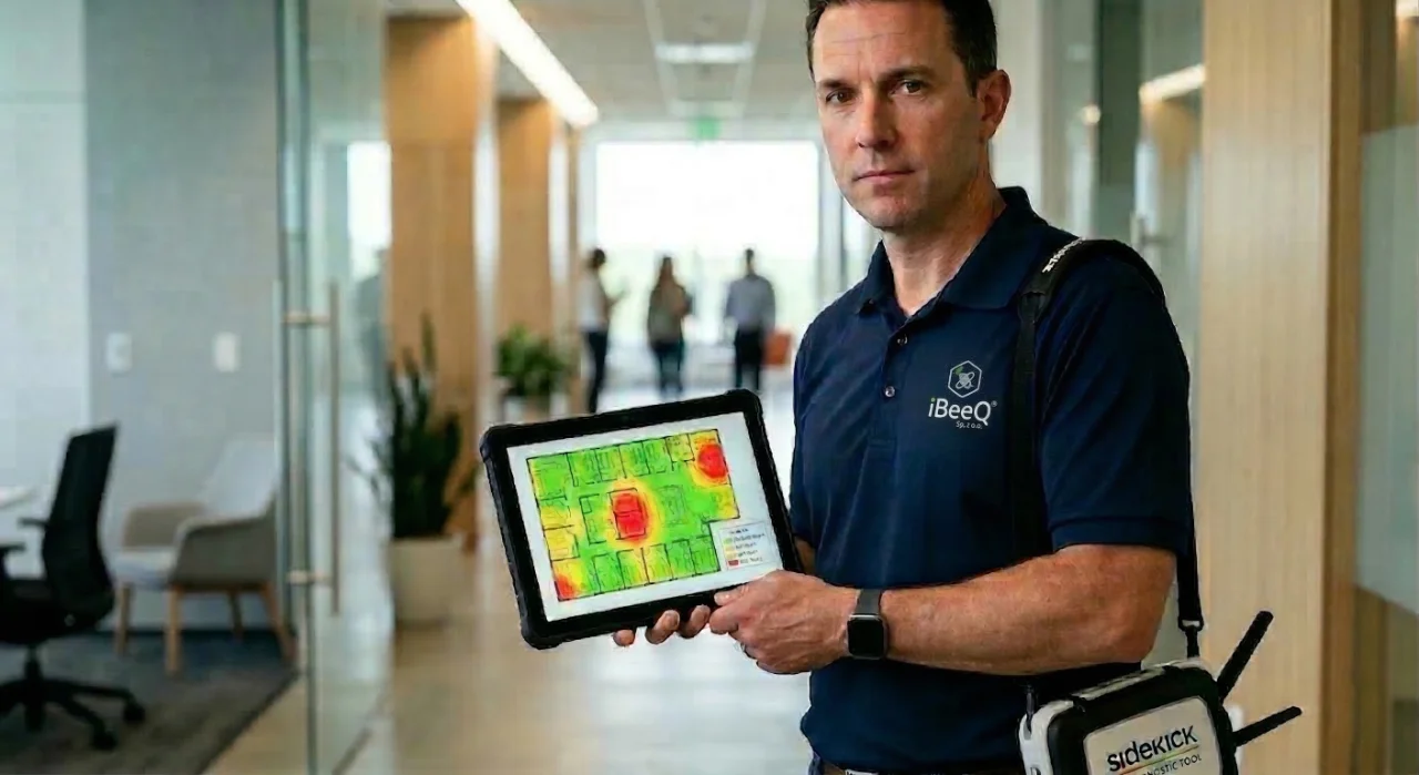 Technik iBeeQ wykonuje pomiary WiFi z heatmapą zasięgu w korytarzu hotelowym