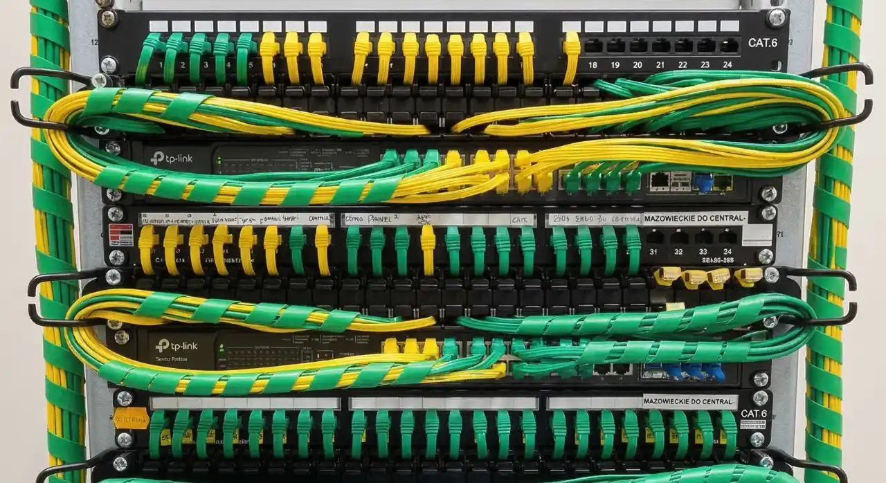 Profesjonalna szafa rack z urządzeniami sieciowymi iBeeQ — instalacja WiFi dla hotelu