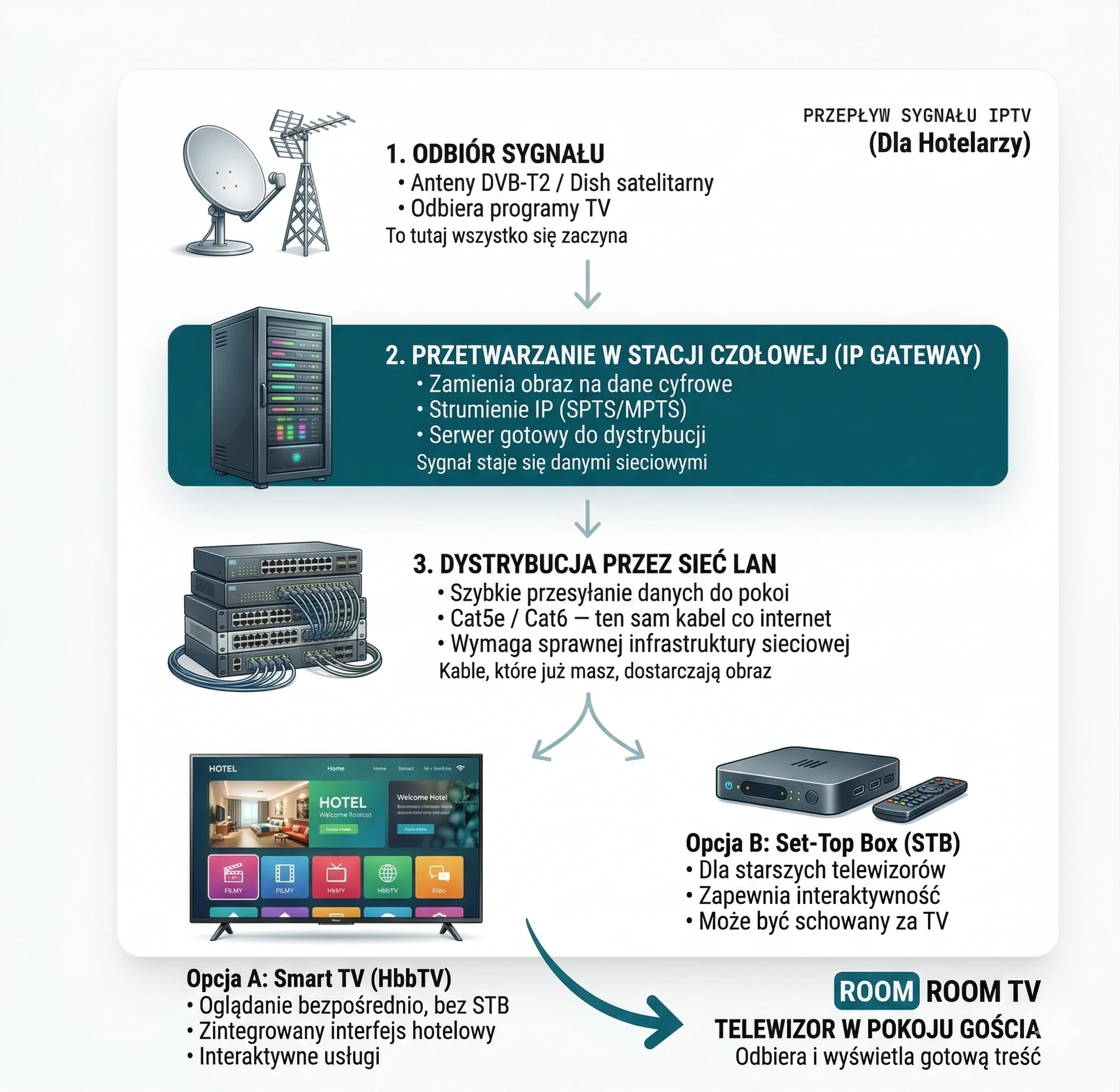 Schemat przepływu sygnału IPTV w hotelu — od anteny DVB-T2 przez IP Gateway i sieć LAN do Smart TV i Set-Top Box w pokoju gościa