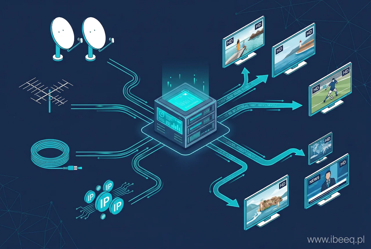 Schemat podłączeń stacji czołowej iBeeQ — źródła sygnału DVB-T2, satelita, IPTV i dystrybucja do pokoi hotelowych