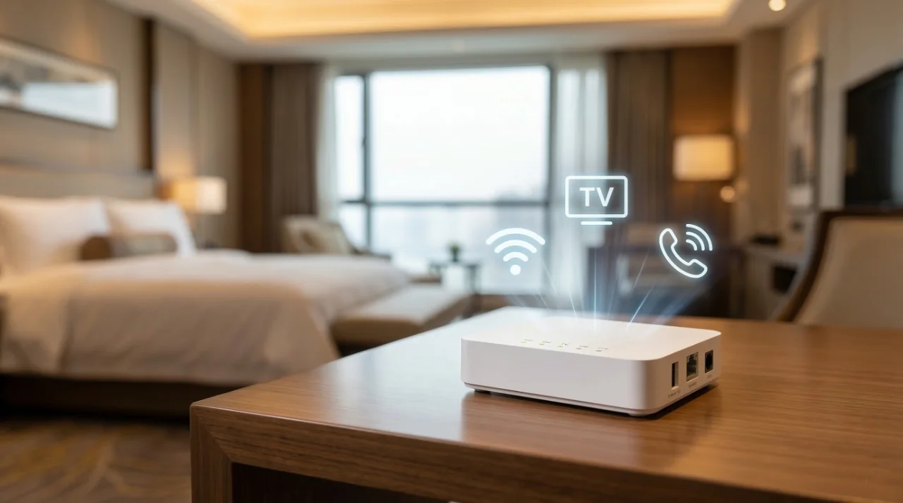 System GPON w hotelu — realizacja iBeeQ — terminal ONT z WiFi 6 dostarcza TV 4K i internet do pokoju