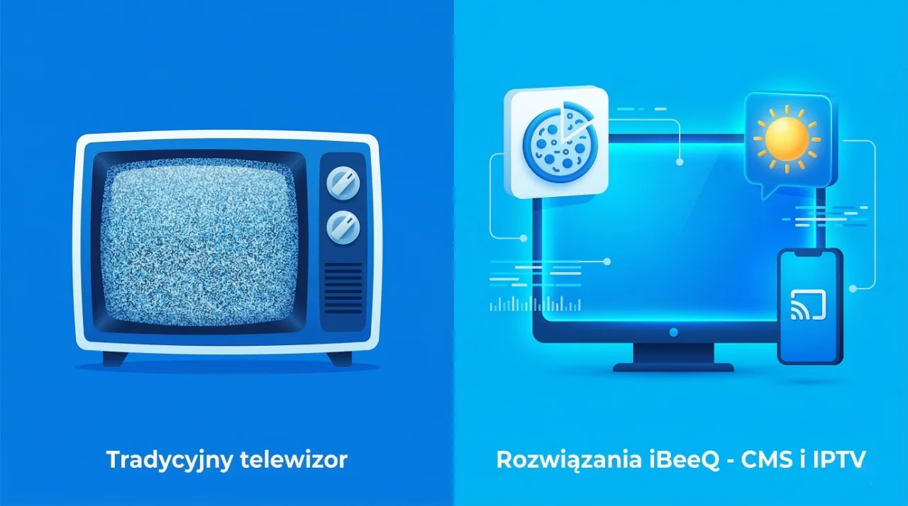 Tradycyjna telewizja hotelowa versus interaktywny system CMS iBeeQ — infografika porównawcza