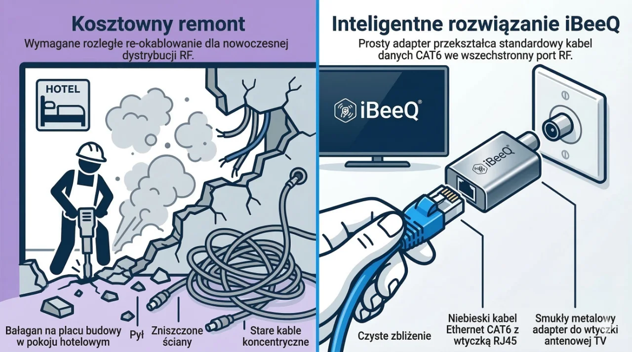 Schemat działania dystrybucji TV przez skrętkę UTP — zasada TV over Twisted Pair