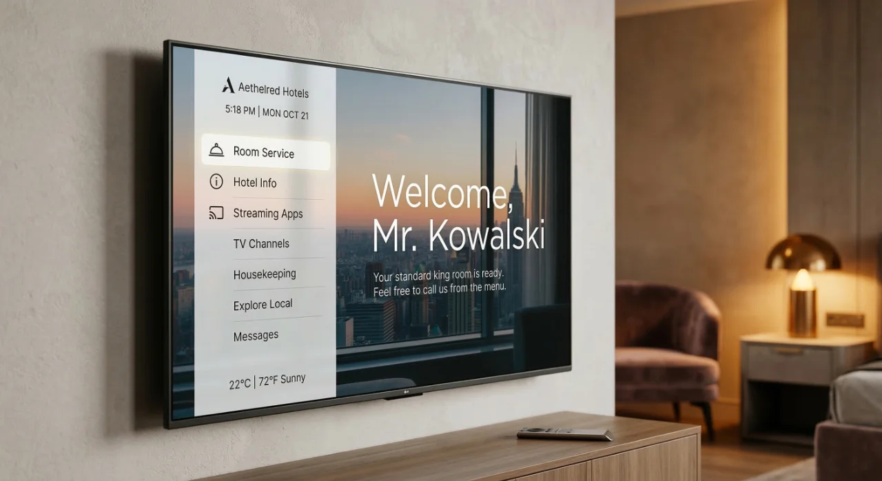 Ekran powitalny CMS — telewizja hotelowa wita gościa w pokoju, system iBeeQ